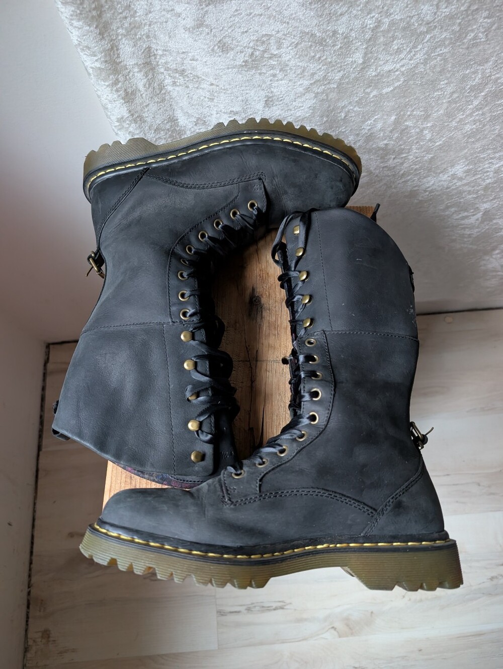 Aleina Dr. Martens Mid Calf Lace Up Black Leather Floral Lined Fold Down Boots